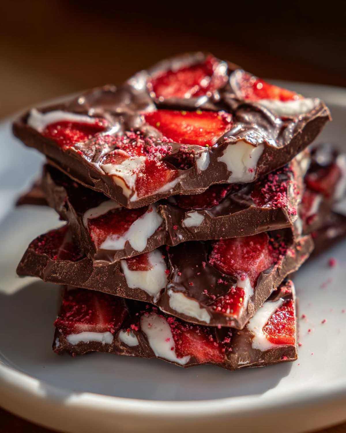 A stack of rich Chocolate Covered Strawberry Bark pieces featuring dark chocolate, white chocolate swirls, and bright red strawberries.