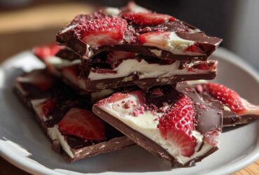 A stack of rich Chocolate Covered Strawberry Bark pieces featuring dark chocolate, white filling, and fresh strawberry slices.