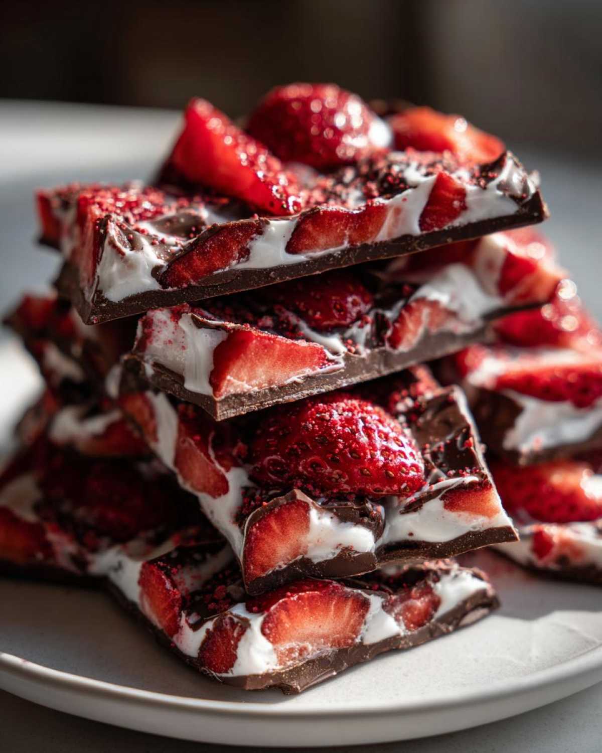A stack of thick slices of Chocolate Covered Strawberry Bark showing dark chocolate, white filling, and fresh strawberry pieces.