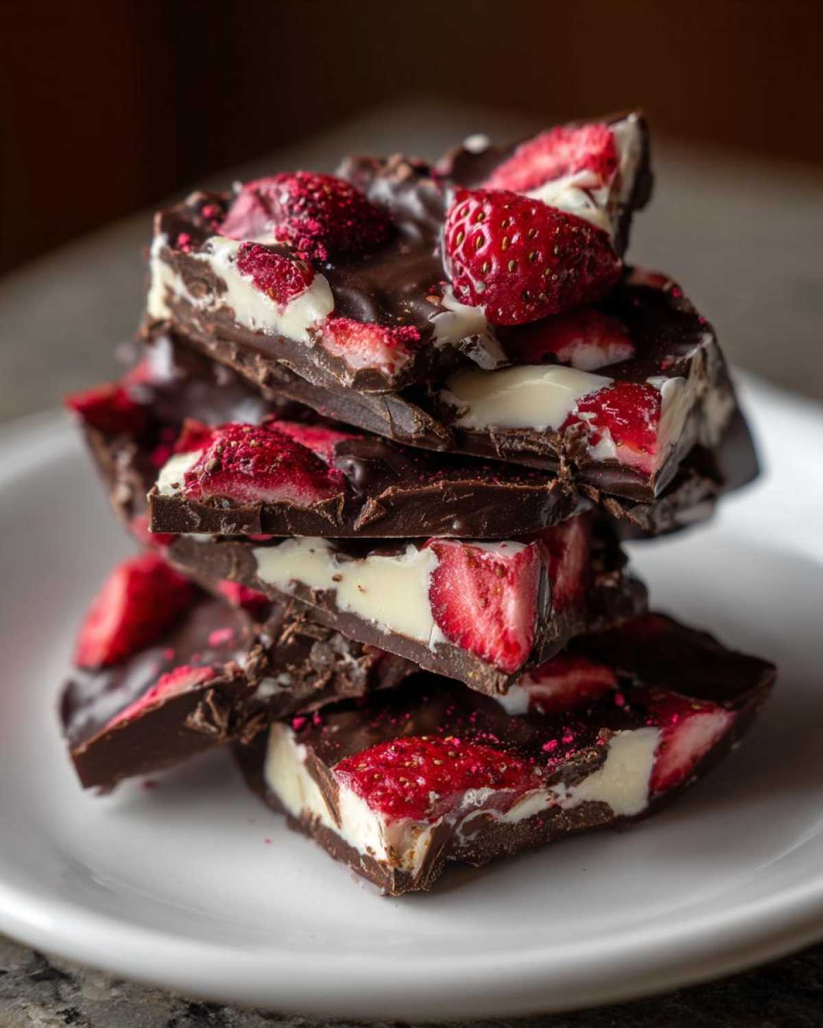 A stack of rich Chocolate Covered Strawberry Bark pieces featuring dark chocolate, white chocolate, and fresh/freeze-dried strawberries.