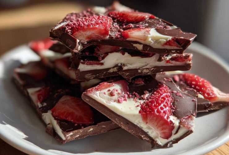 A stack of rich Chocolate Covered Strawberry Bark pieces featuring dark chocolate, white filling, and fresh strawberry slices.