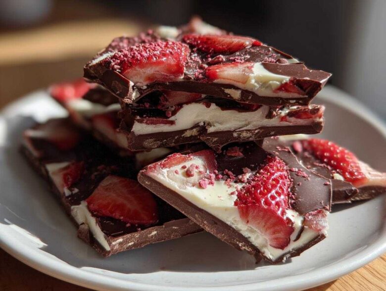 A stack of rich Chocolate Covered Strawberry Bark pieces featuring dark chocolate, white filling, and fresh strawberry slices.