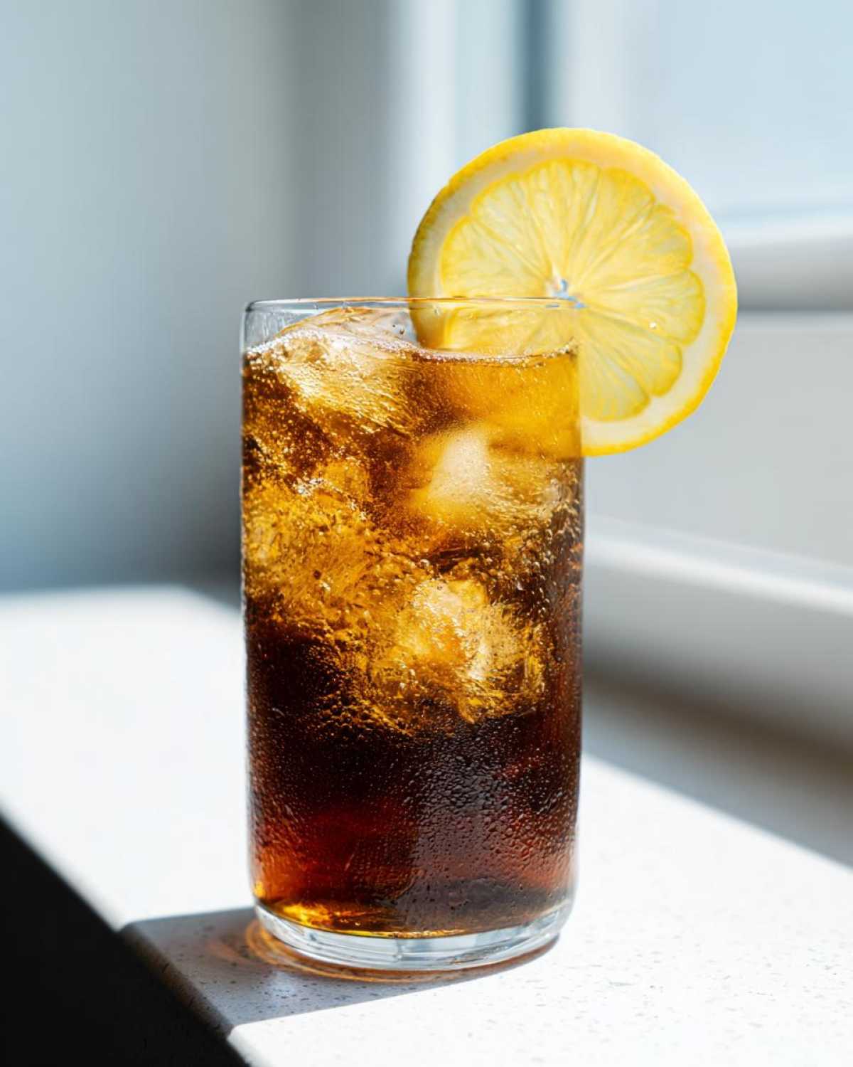 A tall glass filled with ice and dark Cold Brew Lemonade, garnished with a fresh lemon wheel.
