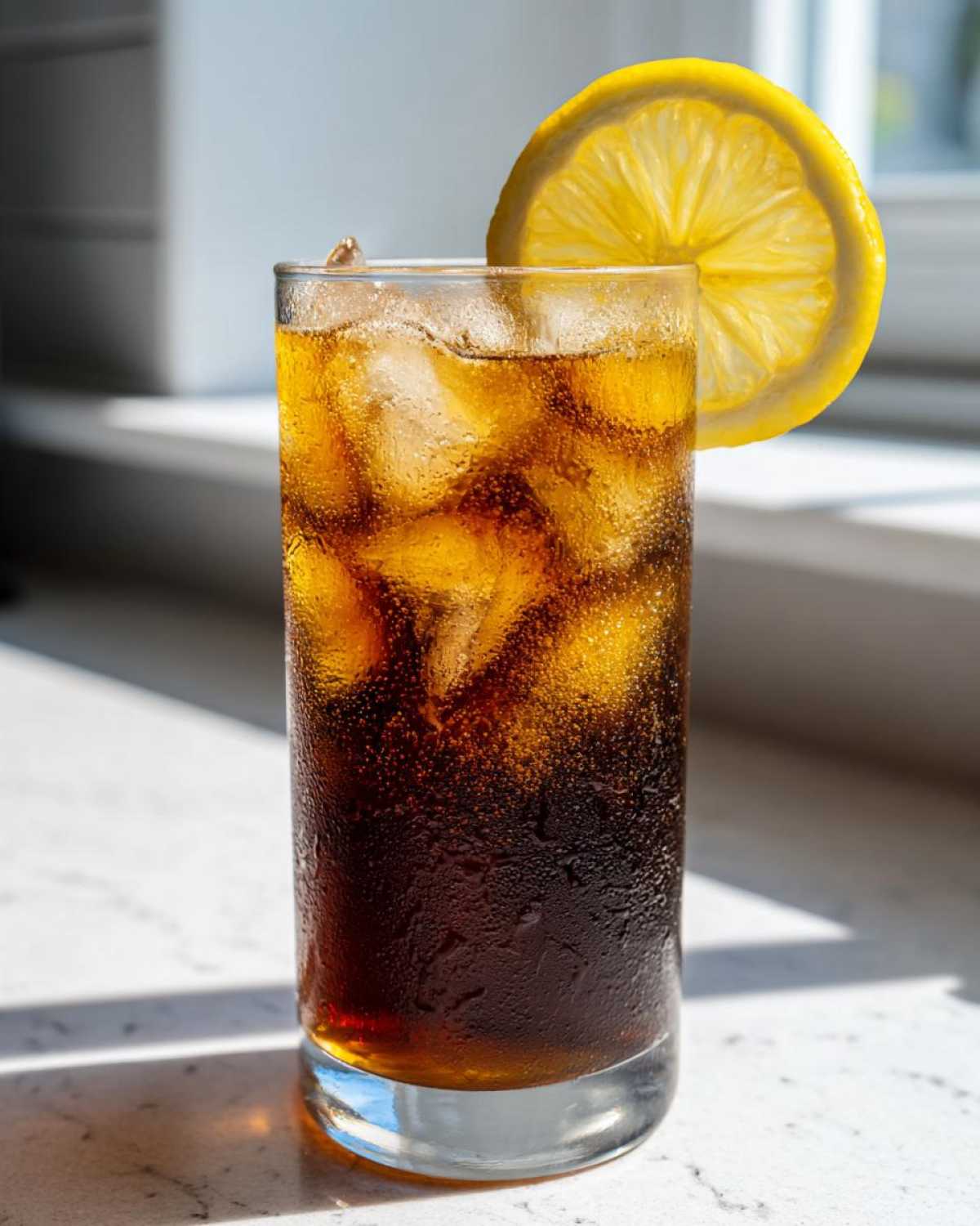 A tall glass filled with iced Cold Brew Lemonade, showing condensation and garnished with a bright lemon slice.