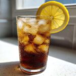 A tall glass filled with iced Cold Brew Lemonade, showing condensation, garnished with a bright lemon slice.