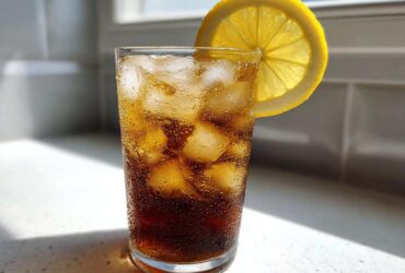 A tall glass filled with iced Cold Brew Lemonade, showing condensation, garnished with a bright lemon slice.