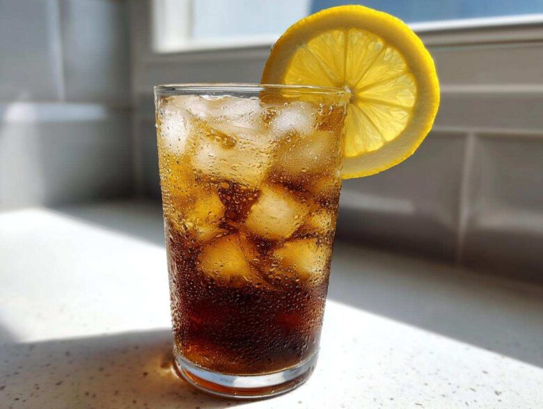 A tall glass filled with iced Cold Brew Lemonade, showing condensation, garnished with a bright lemon slice.