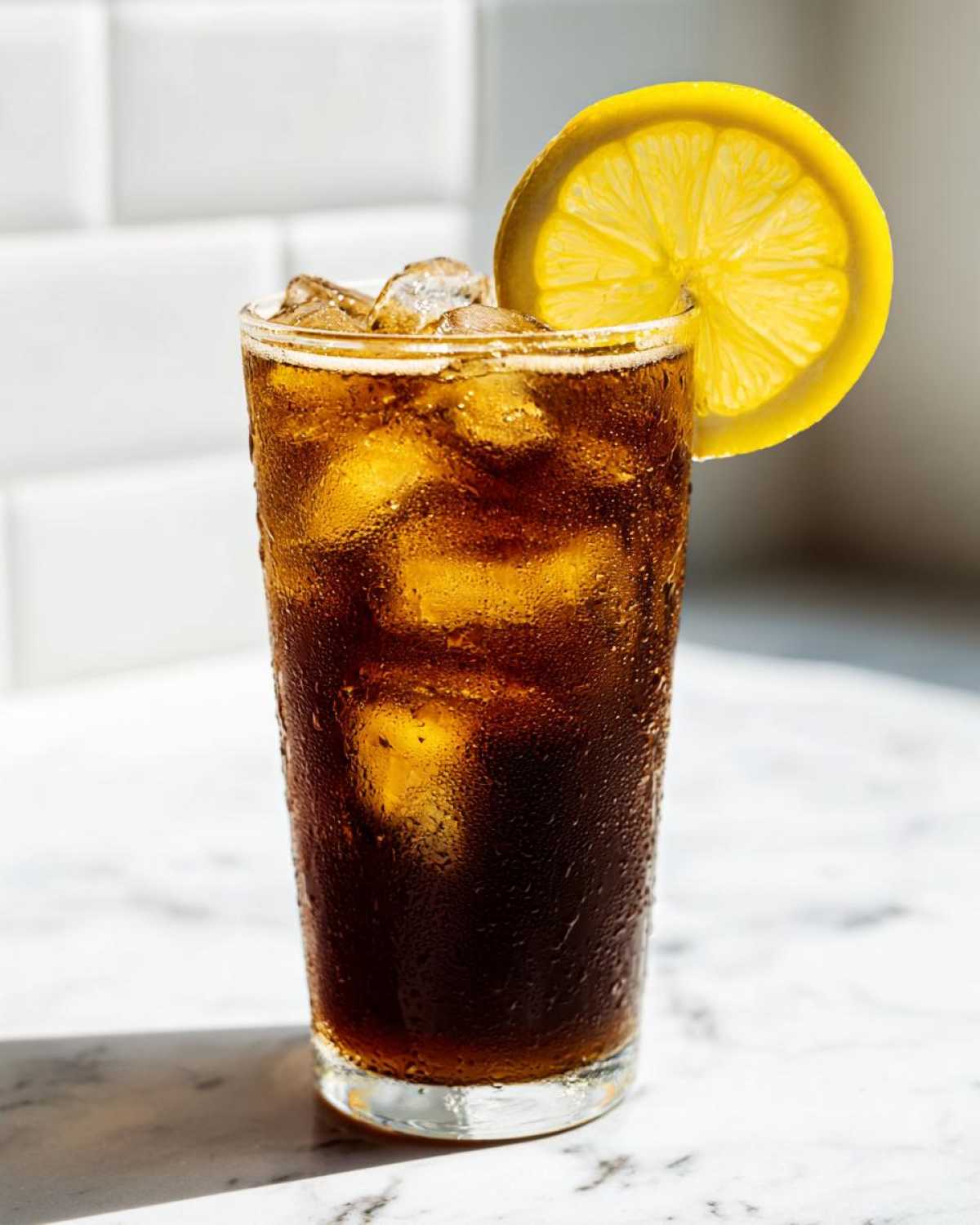 A tall glass filled with iced Cold Brew Lemonade, showing condensation, garnished with a bright lemon slice.