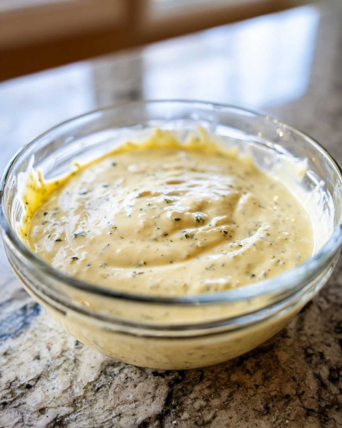 Close-up of creamy, yellow Copycat Olive Garden Salad Dressing speckled with herbs in a clear glass bowl.