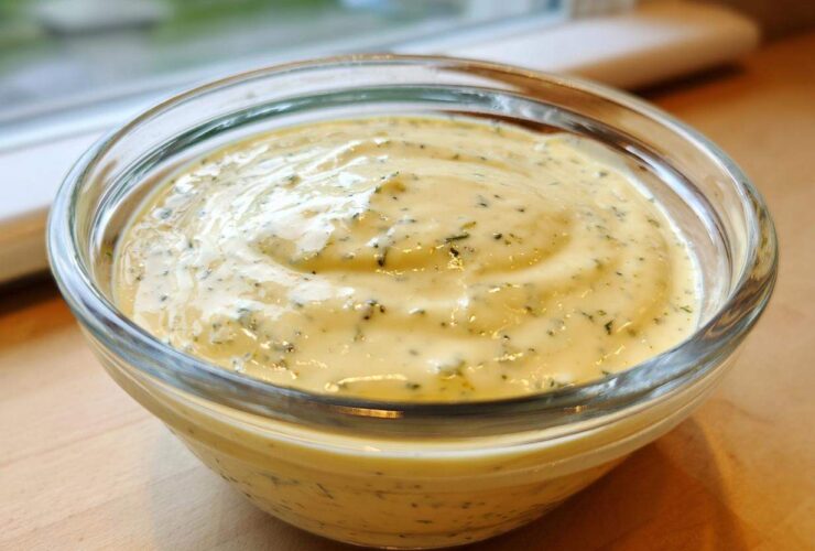 Close-up of creamy, yellow Copycat Olive Garden Salad Dressing with visible herbs in a clear glass bowl.