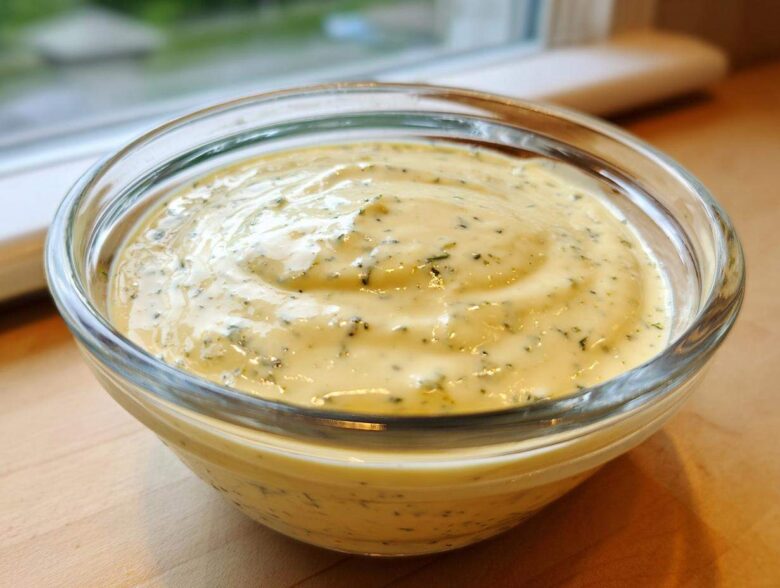 Close-up of creamy, yellow Copycat Olive Garden Salad Dressing with visible herbs in a clear glass bowl.