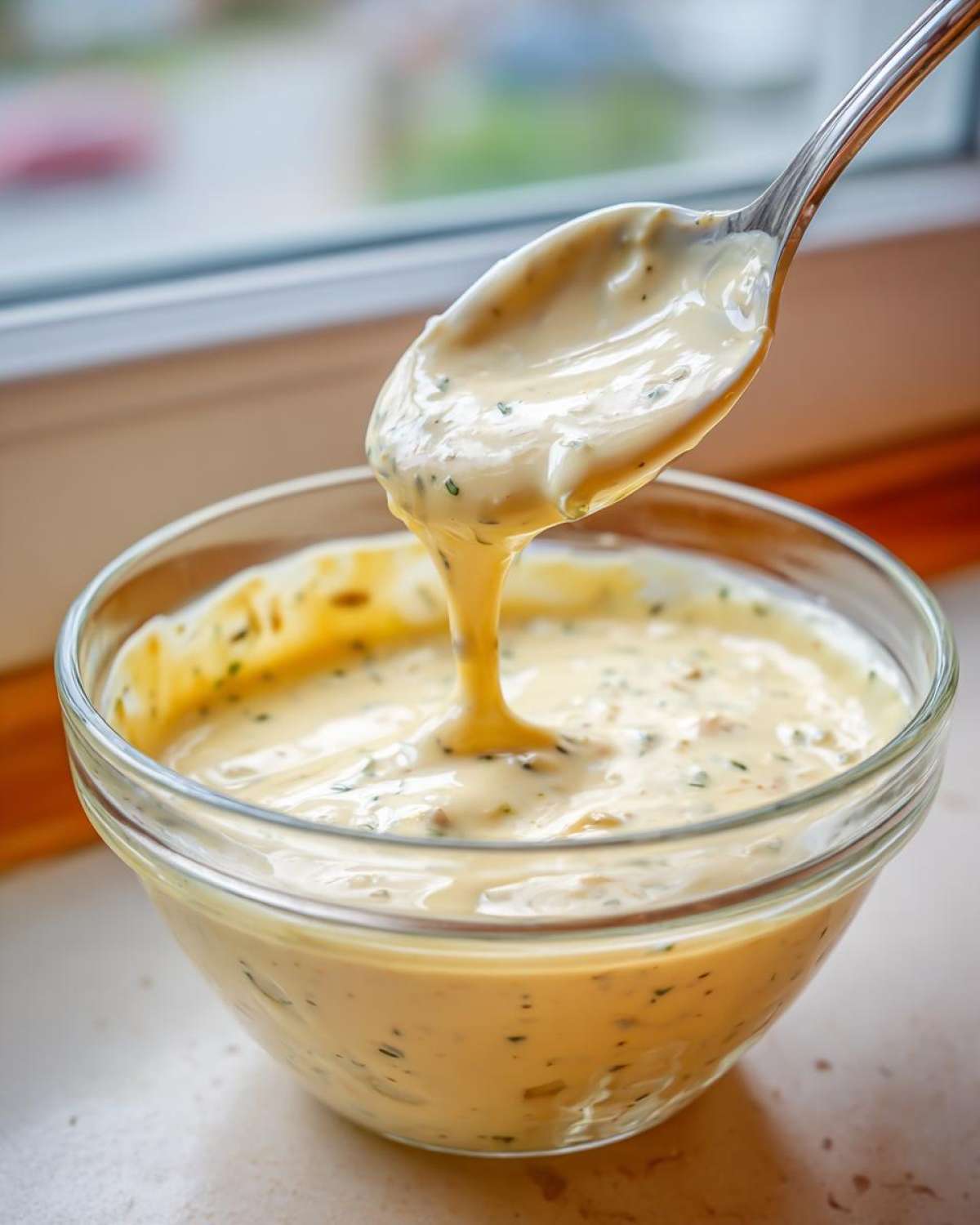A spoonful of thick, creamy Copycat Olive Garden Salad Dressing being lifted from a clear glass bowl.