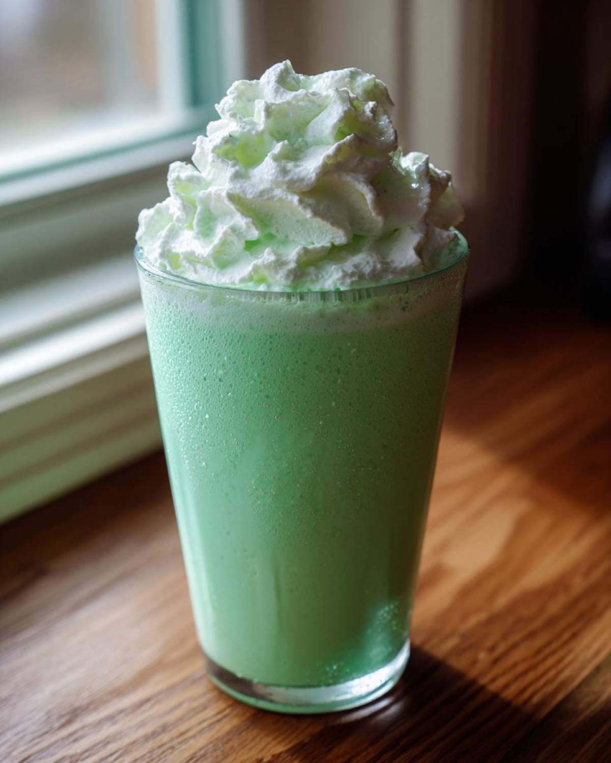 A tall glass filled with a bright green Copycat Shamrock Shake topped generously with mint whipped cream.