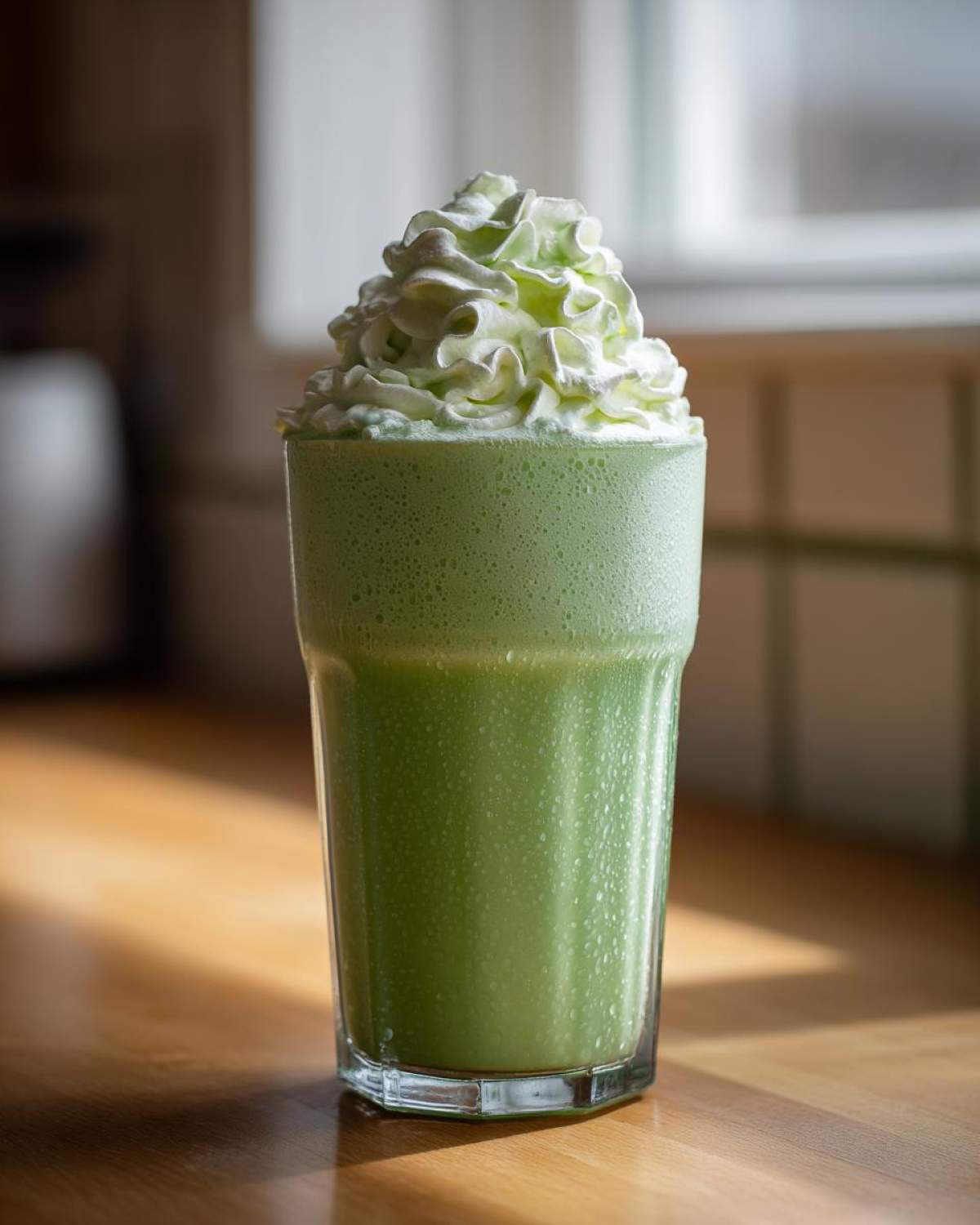A tall glass filled with a vibrant green Copycat Shamrock Shake topped with a swirl of mint whipped cream.