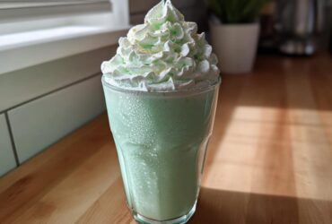 A tall glass of green Copycat Shamrock Shake topped with mint whipped cream and gold sprinkles.