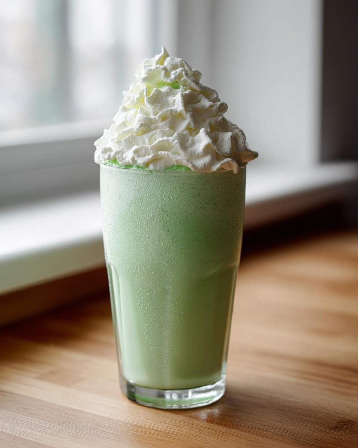 A tall glass of green Copycat Shamrock Shake topped high with white mint whipped cream.