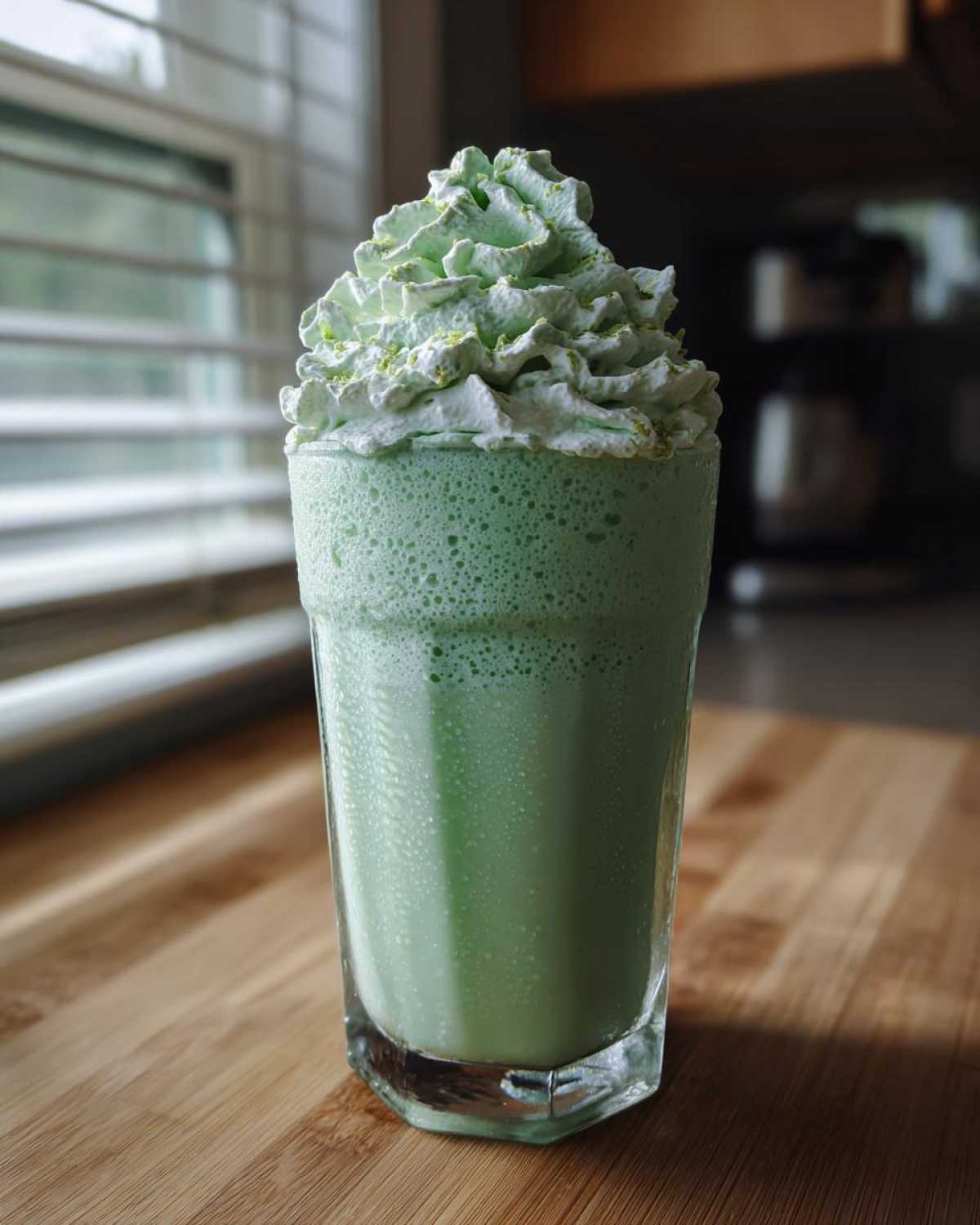 A tall glass filled with a vibrant green Copycat Shamrock Shake topped high with light green Mint Whipped Cream.