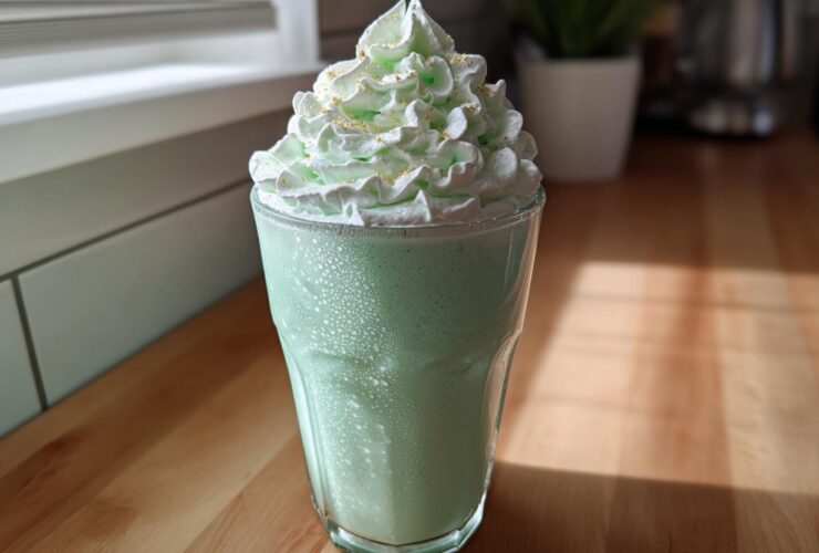 A tall glass of green Copycat Shamrock Shake topped with mint whipped cream and gold sprinkles.