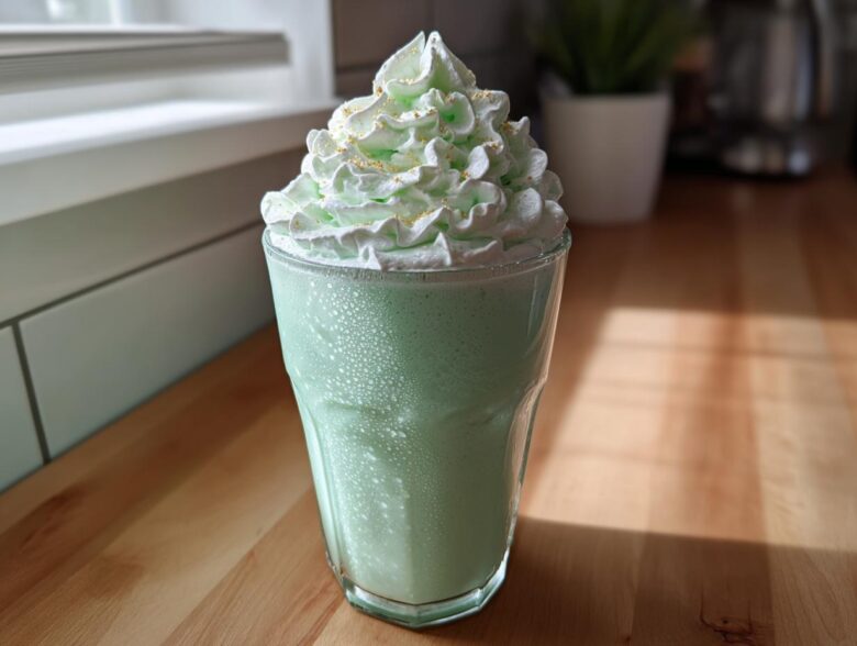 A tall glass of green Copycat Shamrock Shake topped with mint whipped cream and gold sprinkles.
