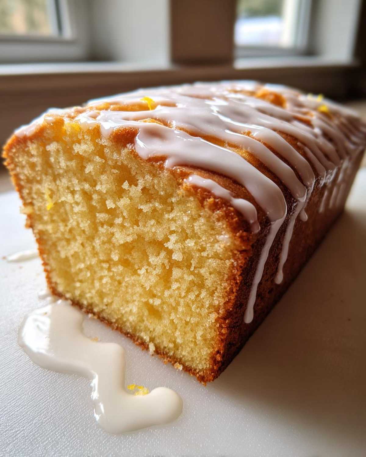 Close-up of a moist, golden Copycat Starbucks Iced Lemon Loaf drizzled with white lemon icing.