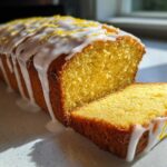 A bright yellow Copycat Starbucks Iced Lemon Loaf drizzled with white icing and lemon zest, with one slice cut.