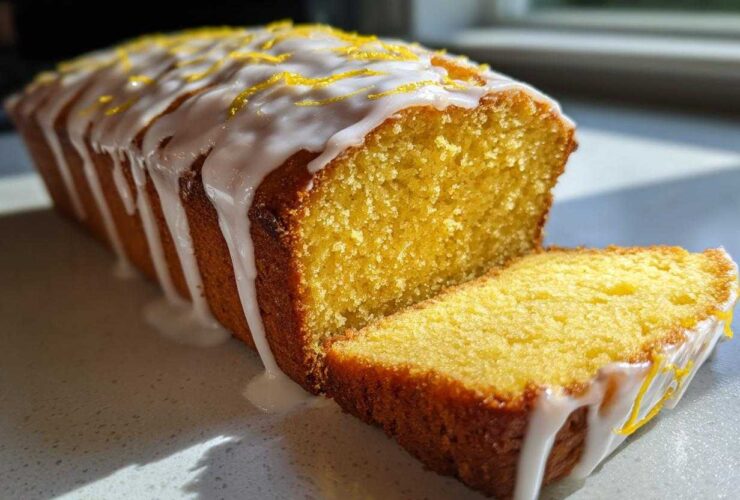 A bright yellow Copycat Starbucks Iced Lemon Loaf drizzled with white icing and lemon zest, with one slice cut.