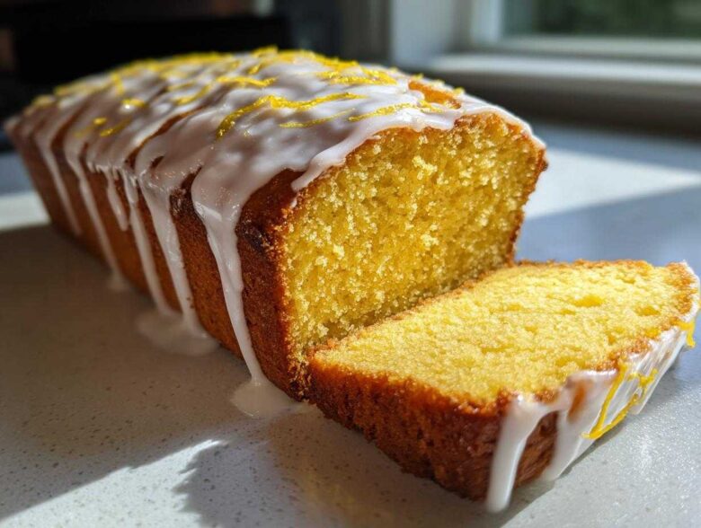 A bright yellow Copycat Starbucks Iced Lemon Loaf drizzled with white icing and lemon zest, with one slice cut.