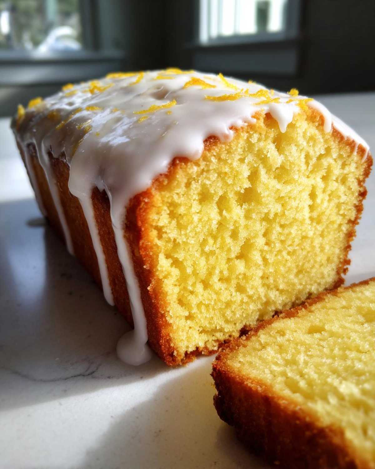 Close-up of a moist Copycat Starbucks Iced Lemon Loaf, sliced, with thick white glaze and lemon zest.
