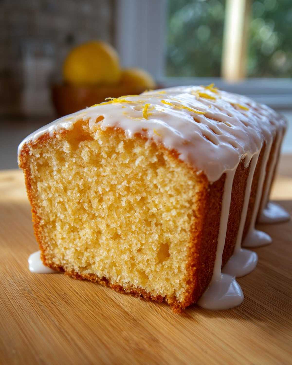 A moist slice of Copycat Starbucks Iced Lemon Loaf with thick white glaze dripping down the side.