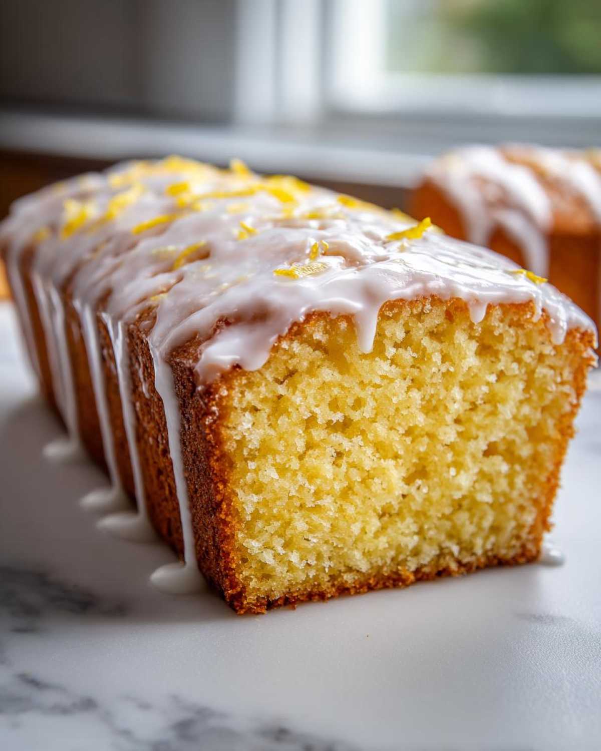 A close-up view of a slice of moist Copycat Starbucks Iced Lemon Loaf topped with white glaze and lemon zest.