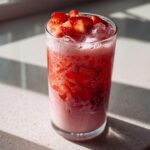 A tall glass filled with the vibrant red and pink layers of a Copycat Starbucks Pink Drink, topped with fresh strawberry pieces.