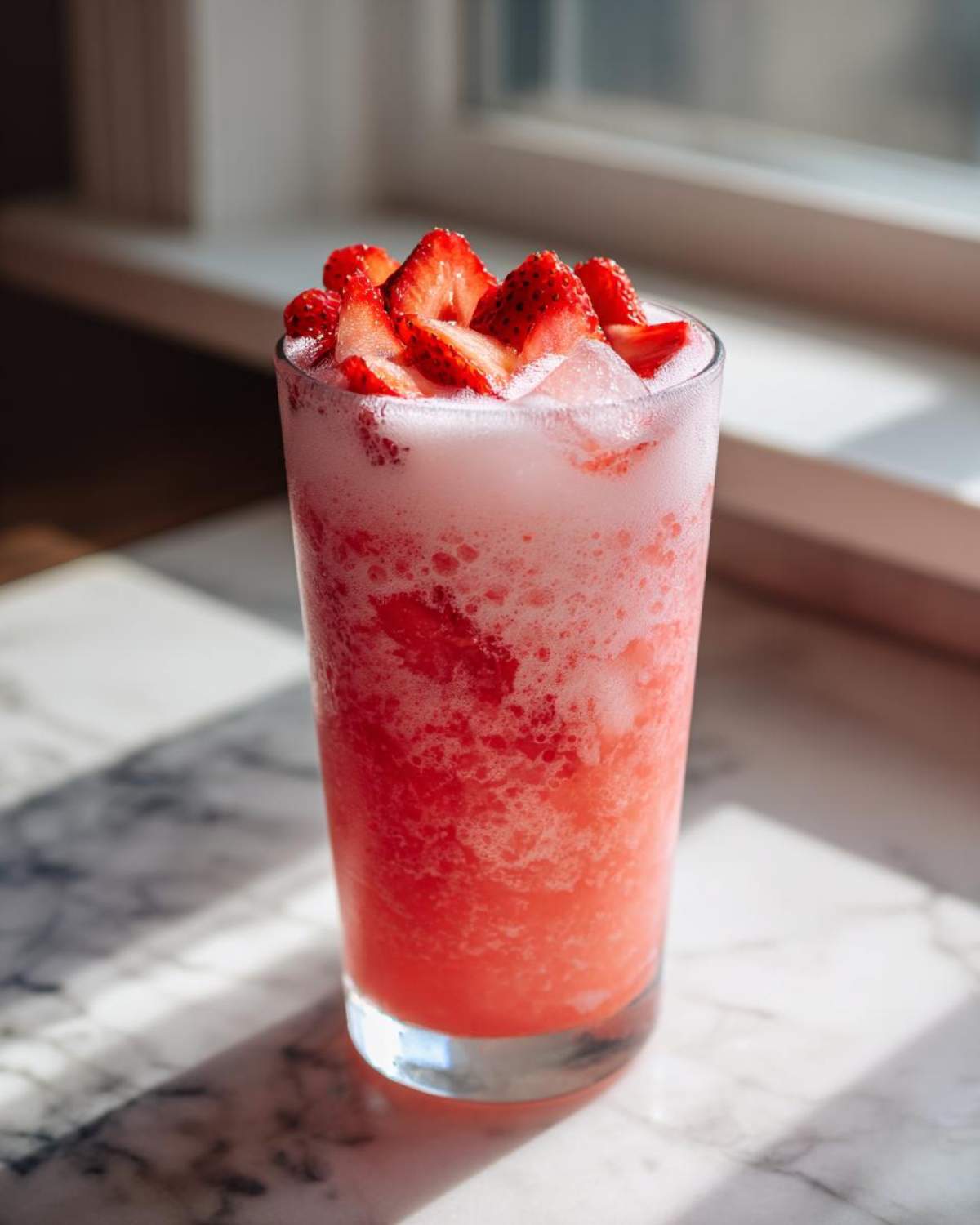 Tall glass filled with a bright pink, frothy Copycat Starbucks Pink Drink, topped with fresh sliced strawberries.