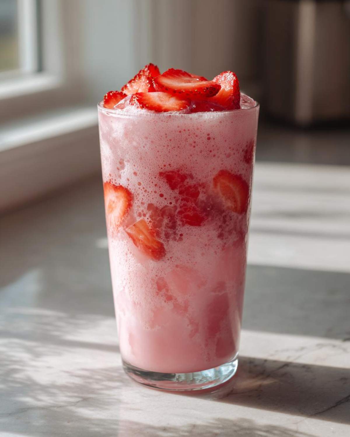A tall glass filled with a frothy, pink Copycat Starbucks Pink Drink topped with sliced fresh strawberries.