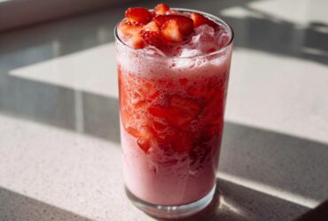 A tall glass filled with the vibrant red and pink layers of a Copycat Starbucks Pink Drink, topped with fresh strawberry pieces.