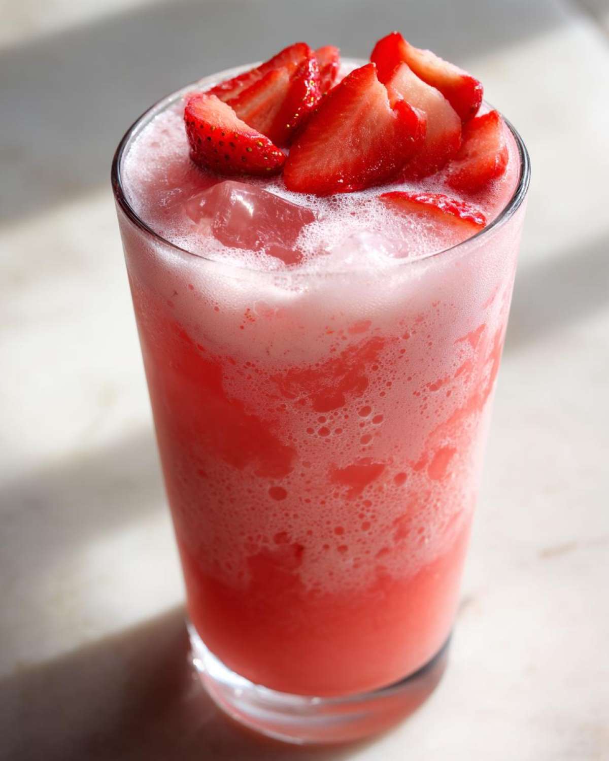 Tall glass filled with a bright pink, frothy Copycat Starbucks Pink Drink, topped with ice and sliced fresh strawberries.