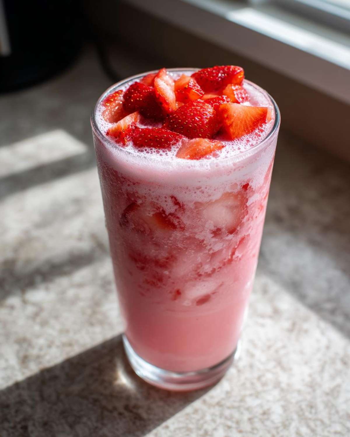 Tall glass filled with a pink, frothy Copycat Starbucks Pink Drink topped with fresh sliced strawberries.