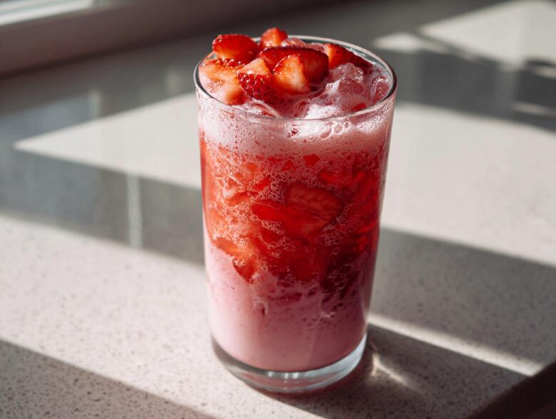A tall glass filled with the vibrant red and pink layers of a Copycat Starbucks Pink Drink, topped with fresh strawberry pieces.