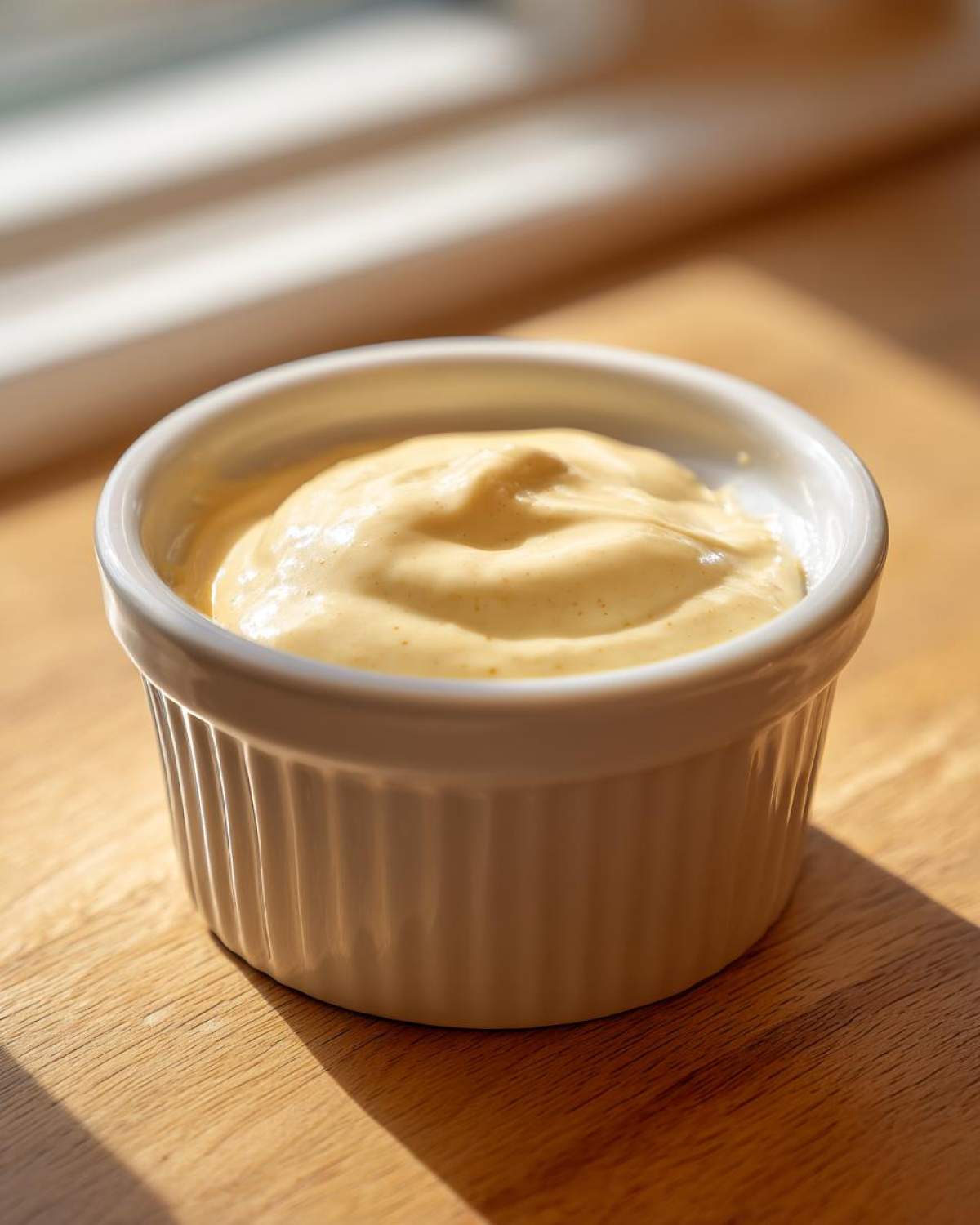 A close-up of thick, creamy Copycat Taco Bell Chicken Quesadilla Sauce in a small white ramekin.