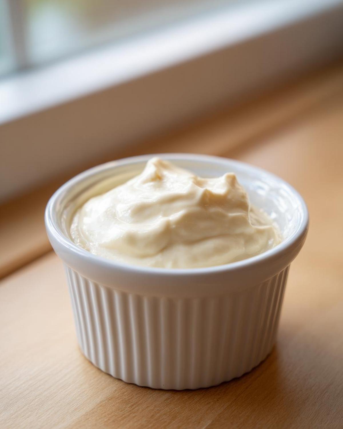 A small white ramekin filled with thick, creamy Copycat Taco Bell Chicken Quesadilla Sauce.