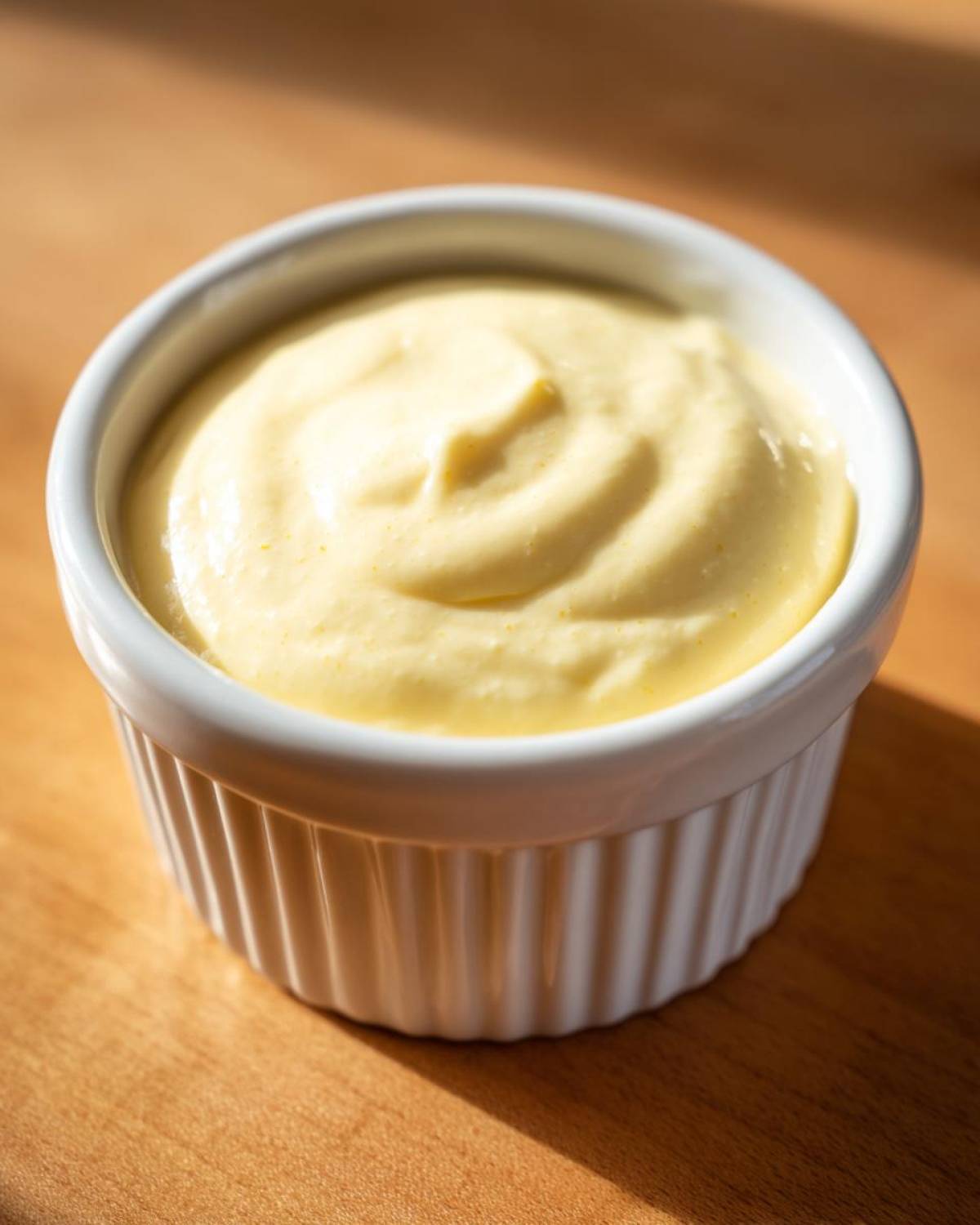 Close-up of creamy, yellow Copycat Taco Bell Chicken Quesadilla Sauce served in a small white fluted ramekin.