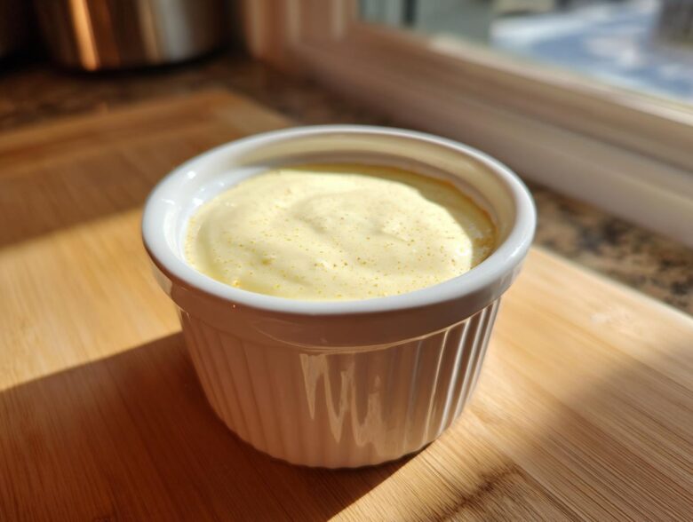A small white ramekin filled with creamy yellow Copycat Taco Bell Chicken Quesadilla Sauce, sitting on a wooden board.