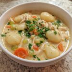 A close-up bowl of rich, creamy chicken gnocchi soup, featuring tender gnocchi, shredded chicken, carrots, celery, and fresh parsley garnish.