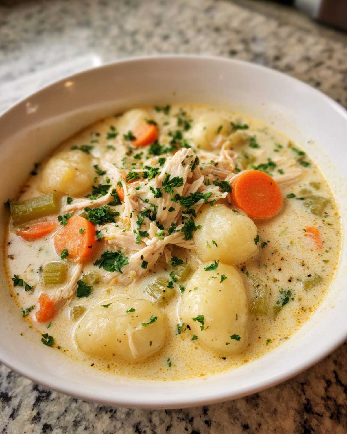 A close-up of a white bowl filled with Creamy Chicken Gnocchi Soup, featuring soft gnocchi, shredded chicken, carrots, and celery.