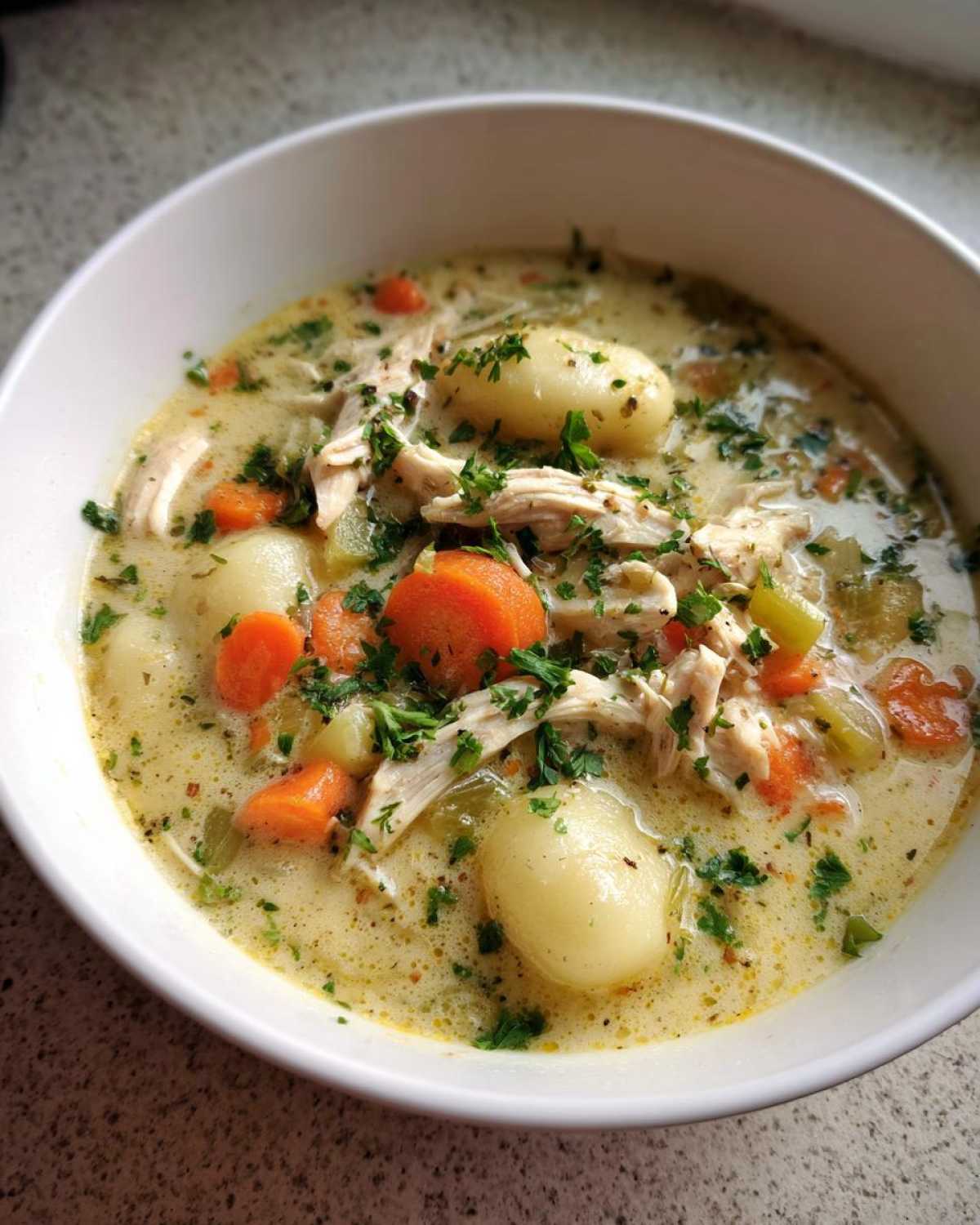 A close-up of a white bowl filled with Creamy Chicken Gnocchi Soup, featuring shredded chicken, carrots, and potato gnocchi.