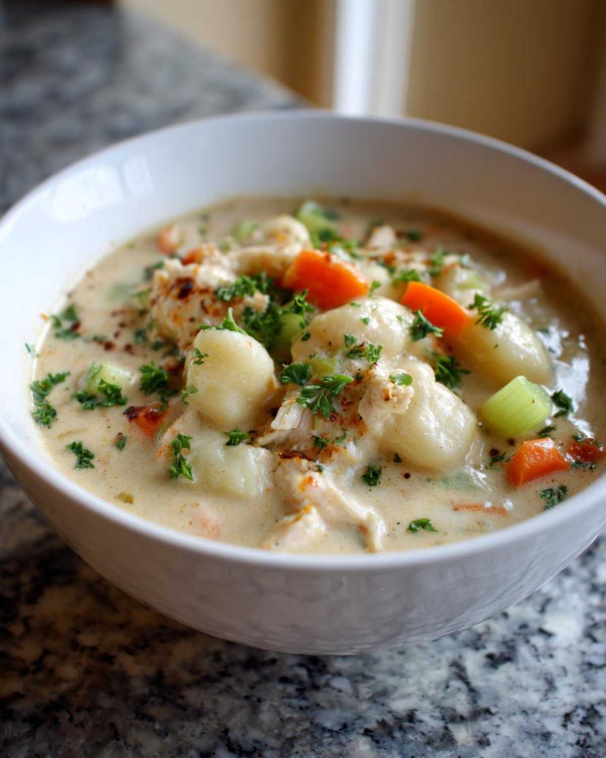 A close-up of a white bowl filled with Creamy Chicken Gnocchi Soup, featuring soft gnocchi, chicken, carrots, and fresh parsley.