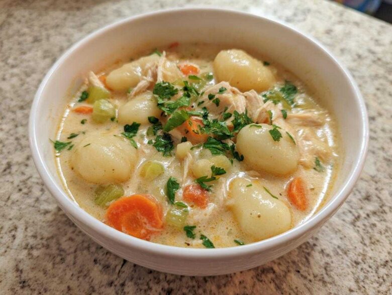 A close-up bowl of rich, creamy chicken gnocchi soup, featuring tender gnocchi, shredded chicken, carrots, celery, and fresh parsley garnish.