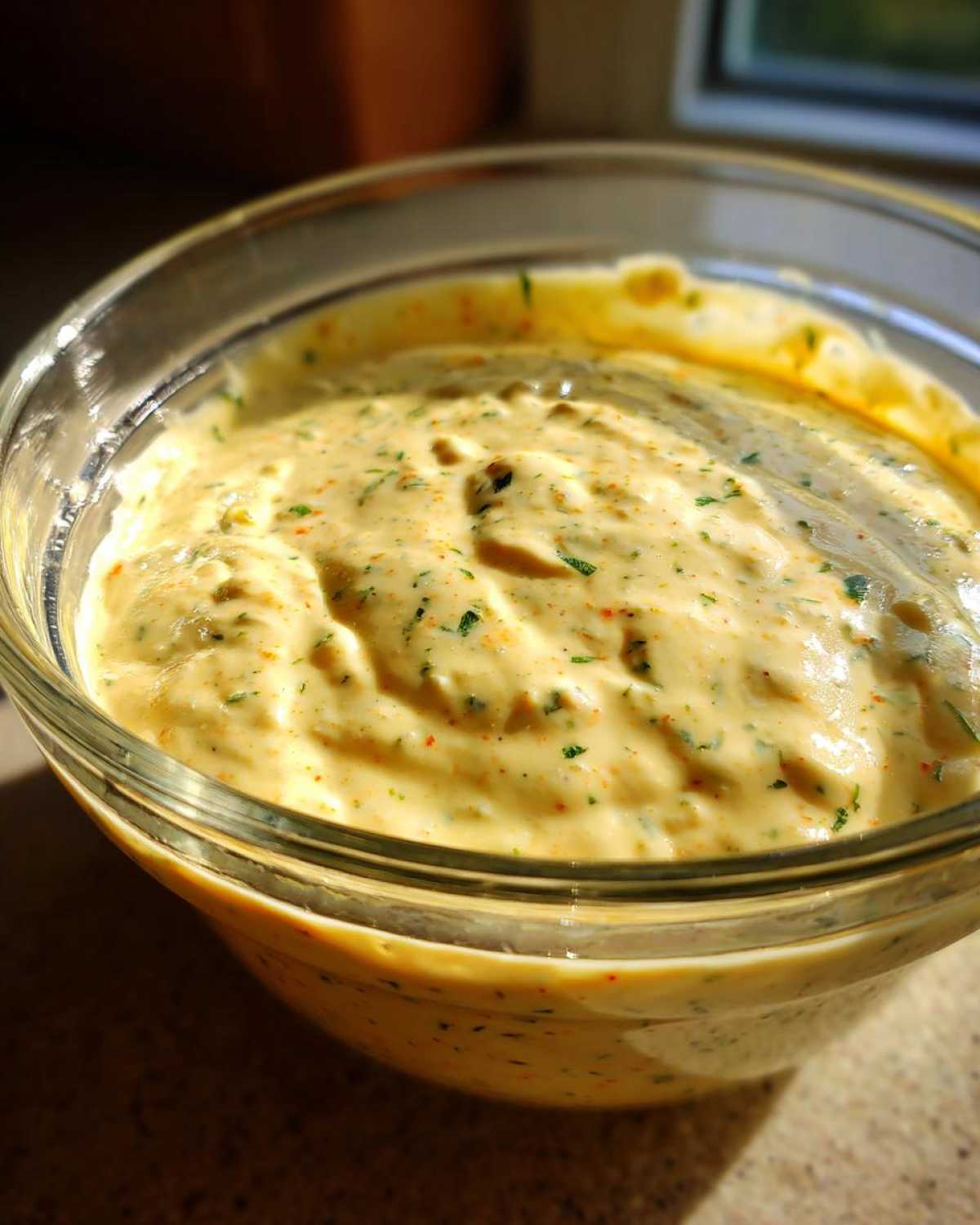 Close-up of creamy, yellow Copycat Olive Garden Salad Dressing speckled with green herbs and red spices in a clear glass bowl.
