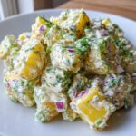 A close-up shot of rich and creamy dill potato salad featuring chunks of yellow potato, red onion, and fresh dill.