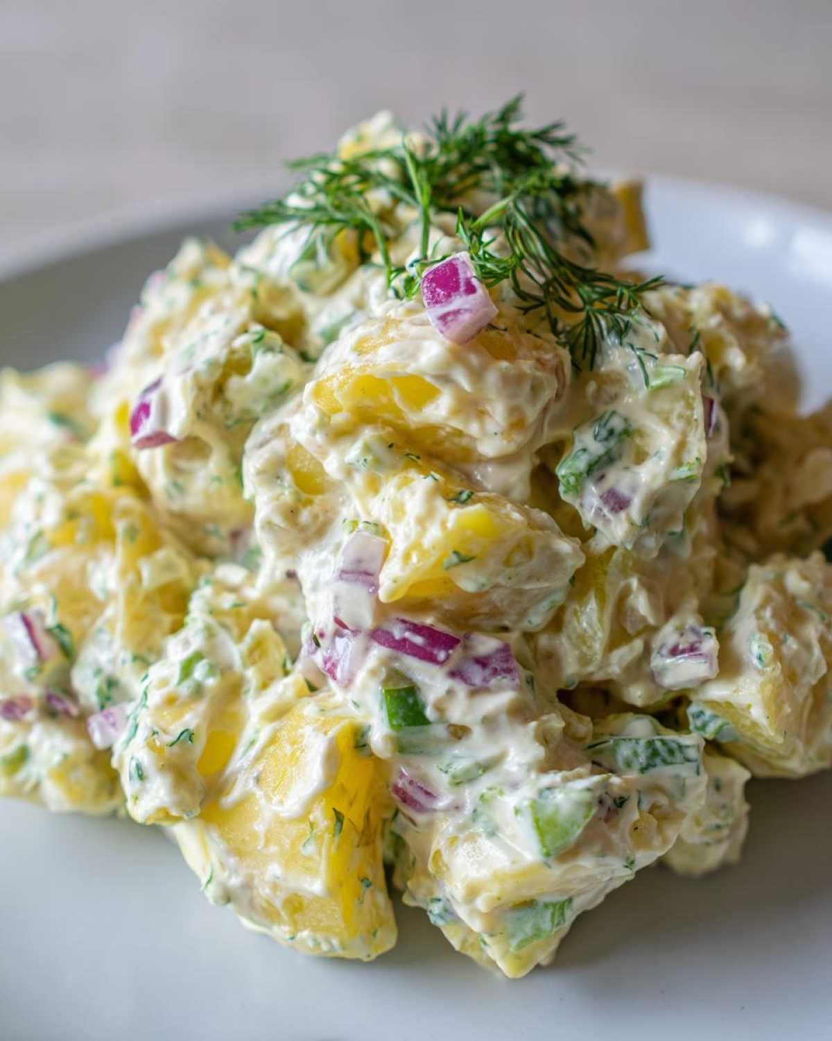A close-up of a serving of creamy dill potato salad featuring chunks of yellow potato, red onion, and fresh dill garnish.