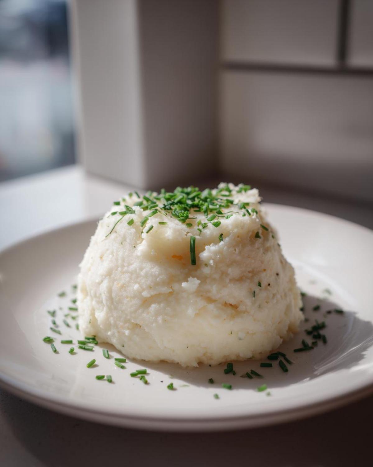 A mound of fluffy Creamy Garlic Mashed Cauliflower topped and surrounded by fresh chopped chives on a white plate.